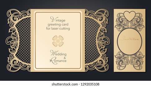 Vintage greeting card for laser cutting. Openwork pattern for a wedding, a romantic party in the Baroque style, Gatsby.