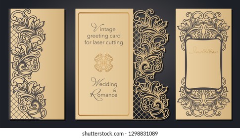 Vintage greeting card for laser cutting. Openwork pattern for a wedding, a romantic party in the Baroque style, Gatsby.
