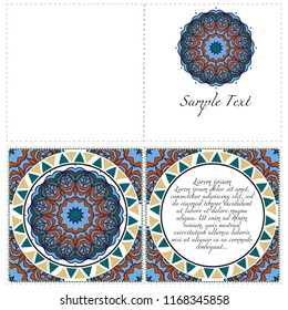 Vintage greeting card with mandala background. Luxury vector ornament template. The front and rear side
