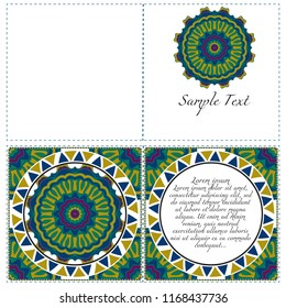 Vintage greeting card with mandala background. Luxury vector ornament template. The front and rear side