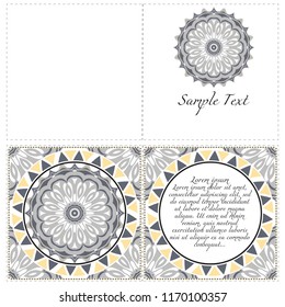 Vintage greeting card with mandala background. Luxury vector ornament template. The front and rear side