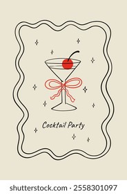 Vintage greeting card with martini cocktail, cherry and bow. Holiday poster with wavy frame and hand drawn vector illustration of alcoholic margarita drink 