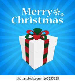 vintage greeting card merry christmas lettering with gift box blue sun rays