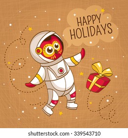 Vintage greeting card with owl astronaut in a human space suit, vector illustration