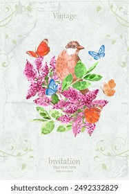 vintage greeting card with a pretty bird on a branch of lilac blooming and flying butterflies. vector watercolour painting