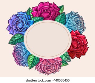 Vintage greeting card with roses, freehand drawing