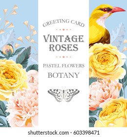 Vintage greeting card with roses, peonies and oriole bird