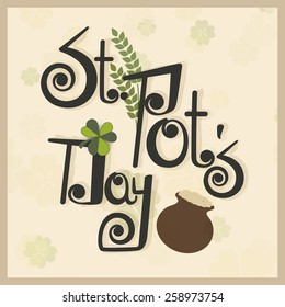 Vintage greeting card with shamrock and mud pot for Happy St. Patrick's Day celebration.