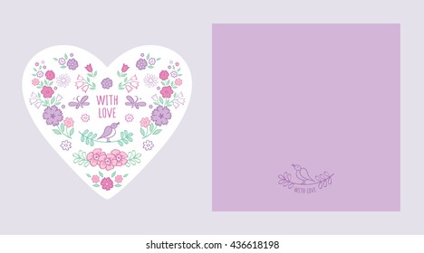 Vintage Greeting card in the shape of the heart with envelope. Congratulations with Mother's Day, birthday, wedding.  Hand drawn decorative floral elements. Vector.