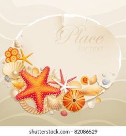 Vintage greeting card with shells and starfishes on sand background. Vector illustration.