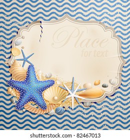 Vintage greeting card with shells and starfishes and place for text.