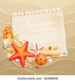 Vintage greeting card with shells and starfishes on sand background. Vector illustration.