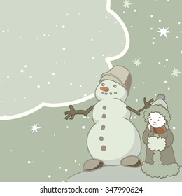 Vintage greeting card with a snowman and frame for text. Vector illustration.