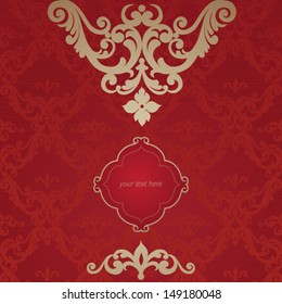 Vintage greeting card with swirls and floral motifs in retro style. Template frame design for card. You can place your text in the empty place.