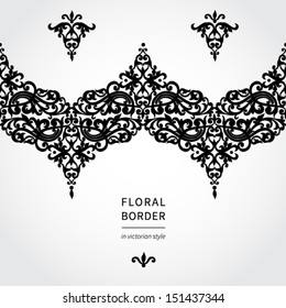 Vintage greeting card with swirls and floral motifs in retro style. Template frame design for card. Vector seamless border in Victorian style. You can place your text in the empty place.