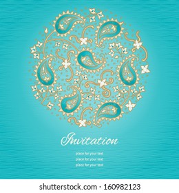 Vintage greeting card with swirls and floral motifs in east style. Bright background in persian style. Template design for wedding invitation.You can place your text in the empty frame. Save the date.