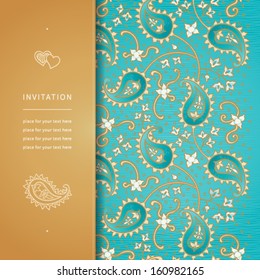 Vintage greeting card with swirls and floral motifs in east style. Bright background in persian style. Template design for wedding invitation.You can place your text in the empty frame. Save the date.