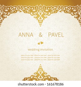 Vintage greeting card with swirls and floral motifs in east style.Light gold background in persian style.Template design for wedding invitation.You can place your text in the empty frame.Save the date