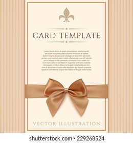 Vintage greeting card template with golden bow and ribbon. Invitation. Vector illustration