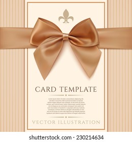 Vintage greeting card template with golden bow and ribbon. Invitation. Vector illustration