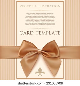 Vintage greeting card template with golden bow and ribbon. Invitation. Vector illustration