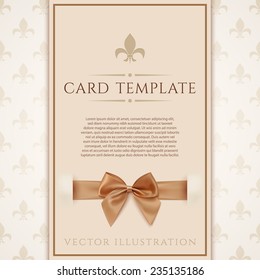 Vintage greeting card template with golden bow and ribbon. Invitation. Vector illustration