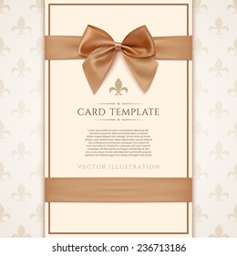 Vintage greeting card template with golden bow and ribbon. Invitation. Vector illustration
