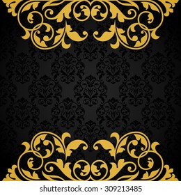 Vintage greeting card template with space for text. Ornate gold foliage elements top and bottom with dark, luxurious ornate textured center space.