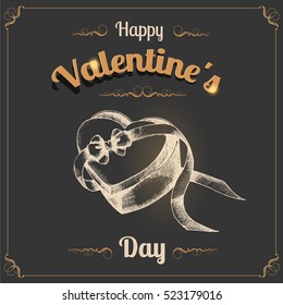 Vintage greeting card for Valentine's Day with a box of heart-shaped hand-drawn. Sketch. Gold and black