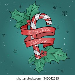 Vintage greeting card with a vector image of candy canes and red ribbon