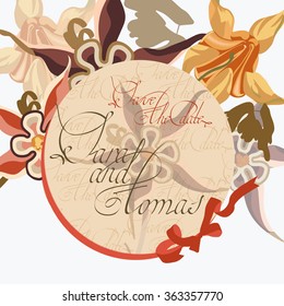 Vintage greeting card in warm colors with flowers. Vector. Templates. Postcards. Aquilegia. 