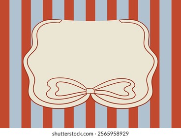 Vintage greeting card with wavy bow frame and striped background. Vector hand drawn illustration of ribbon bowknot. Postcard holiday template