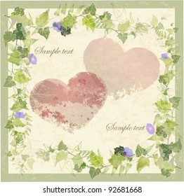 Vintage greeting card with wild ivy and hearts.