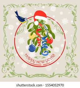 Vintage greeting card for winter holidays with hanging decoration with bunch of mistletoe, Santa hat, blue tit, ribbons, balls, floral vignette and paper cutting snowflakes