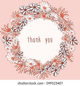 Vintage greeting card with wreath from daisies. Thank you note.Vector illustration on light pink background