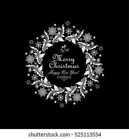 Vintage greeting card with xmas paper cut out wreath with floral pattern, snowflakes and star