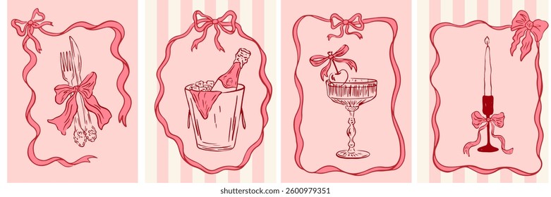 Vintage greeting cards in coquette style. Hand drawn whimsical frames with elegant bows and ribbons. Template for poster, banner, wedding invitation, Valentines day, birthday card. Vector illustration