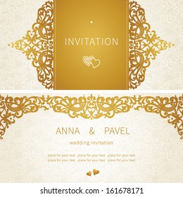 Vintage greeting cards with floral motifs in east style. Light gold background in persian style. Template design for wedding invitation. You can place your text in the empty frame. Save the date.