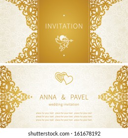 Vintage greeting cards with floral motifs in east style. Light gold background in persian style. Template design for wedding invitation. You can place your text in the empty frame. Save the date.