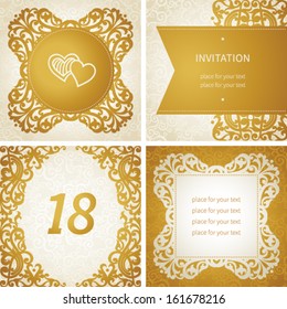 Vintage greeting cards with floral motifs in east style. Light gold background in Victorian style. Template design for wedding invitation. You can place your text in the empty frame. Save the date.