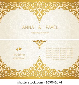 Vintage greeting cards with floral motifs in east style. Light gold background in persian style. Template design for wedding invitation. You can place your text in the empty frame. Save the date.