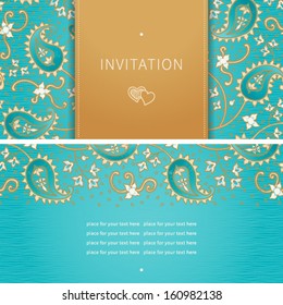 Vintage greeting cards with swirls and floral motifs in east style. Bright background in persian style.Template design for wedding invitation.You can place your text in the empty frame. Save the date.