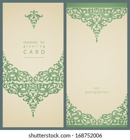 Vintage greeting cards with swirls and floral motifs in retro style. Template frame design for card. Light green vector border in Victorian style. You can place your text in the empty frame.