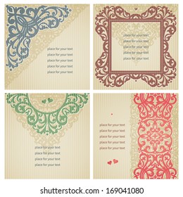 Vintage greeting cards with swirls and floral motifs in retro style. Template frame design for card. Colorful vector border in Victorian style. You can place your text in the empty frame.