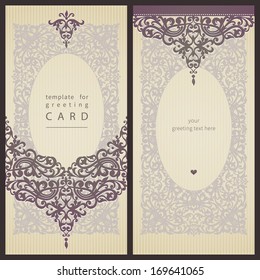 Vintage greeting cards with swirls and floral motifs in retro style. Template frame design for wedding invitation. Vector border in Victorian style. You can place your text in the empty frame.