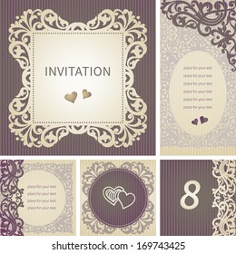 Vintage greeting cards with swirls and floral motifs in retro style. Template frame design for wedding invitation. Vector border in Victorian style. You can place your text in the empty frame.