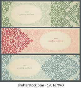 Vintage greeting cards with swirls and floral motifs in retro style. Template frame design for wedding invitation. Vector border in Victorian style. You can place your text in the empty frame.
