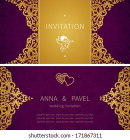 Vintage greeting cards with swirls and floral motifs in retro style. Template frame design for card. Golden vector border in Victorian style. You can place your text in the empty frame.