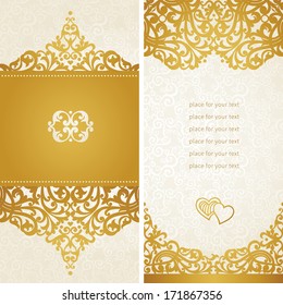 Vintage greeting cards with swirls and floral motifs in retro style. Template frame design for card. Golden vector border in Victorian style. You can place your text in the empty frame.