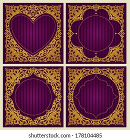 Vintage greeting cards with swirls and floral motifs in retro style. Template frame design for wedding invitation. Vector border in Victorian style. You can place your text in the empty frame.